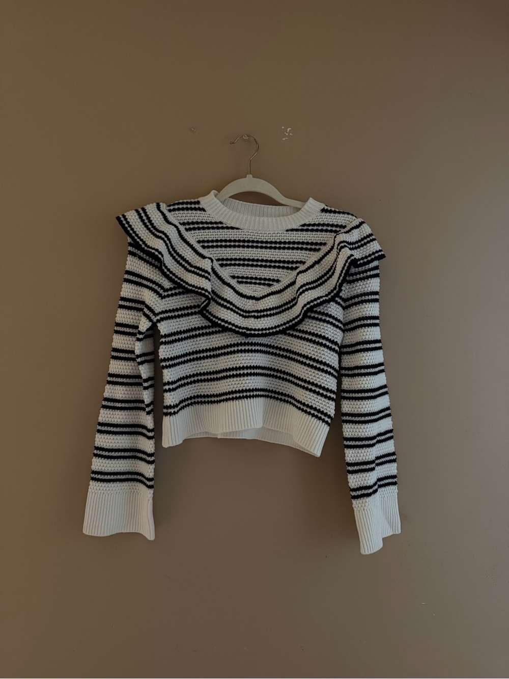 Divided Black & White Striped Ruffle Yoke Sweater